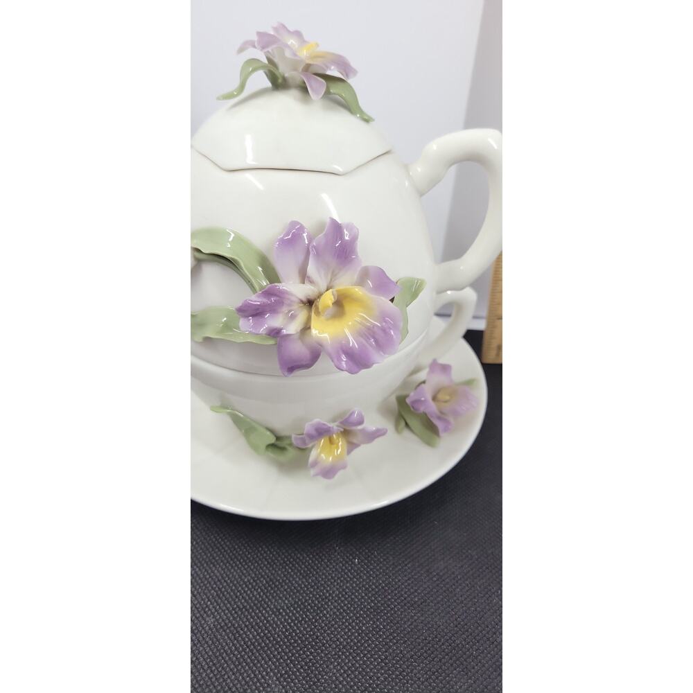 Porcelain Tea For One Set 3D Purple Iris Flowers Teapot Cup Saucer Floral - Picture 10 of 11